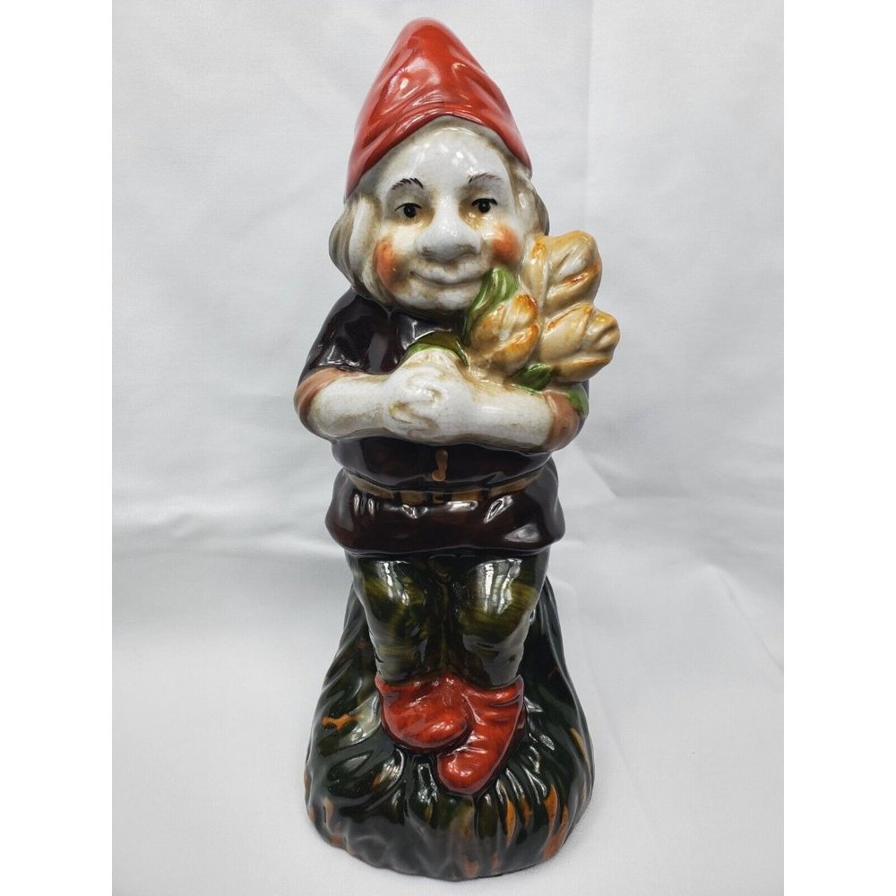 Vintage Phillip Griebel Large Ceramic Standing Gnome With Flowers Home Decor